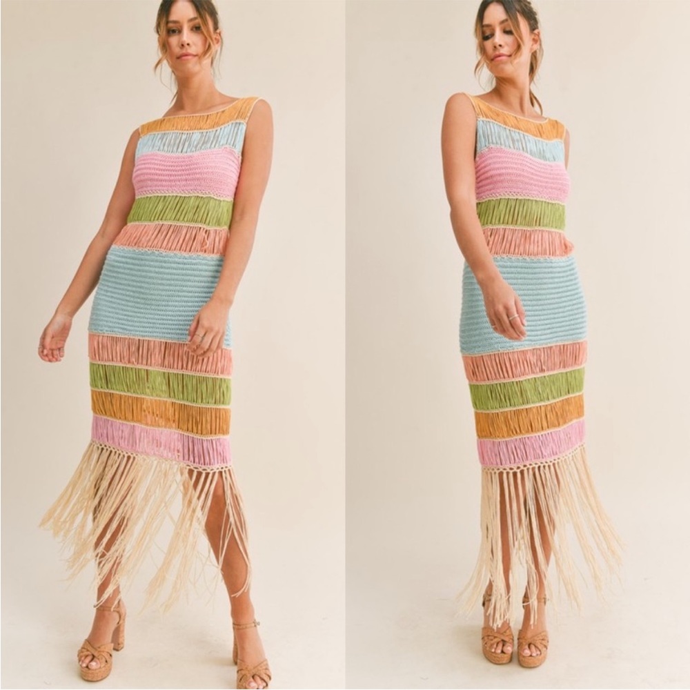 Multicolor Fringed Crochet Knit Dress medium NWT